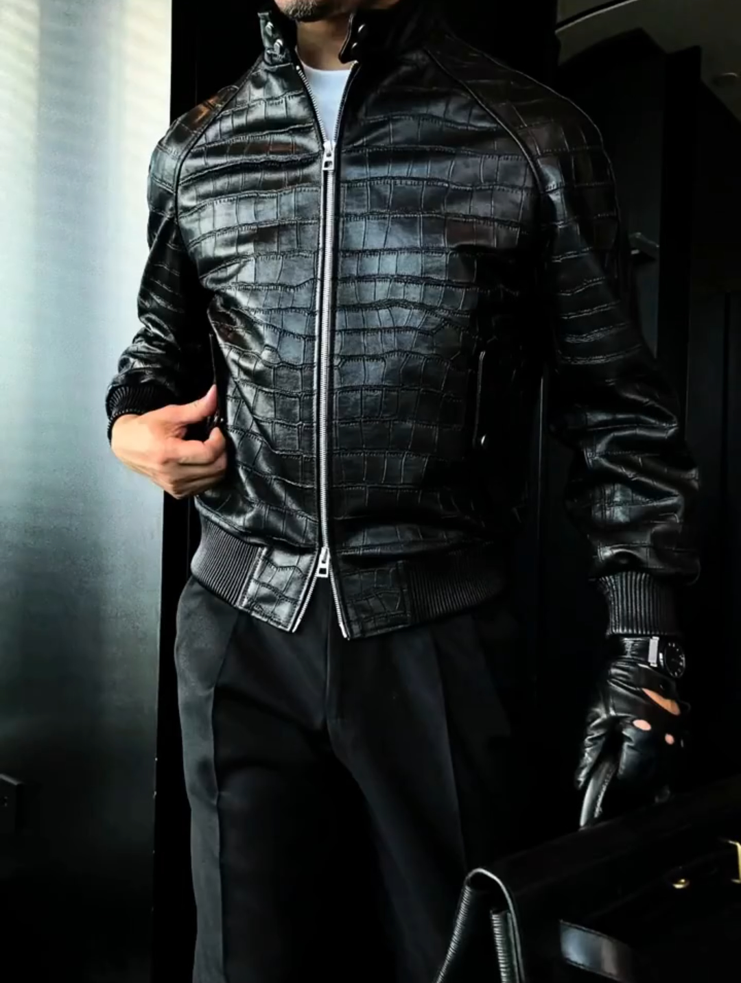 Stand collar leather jacket