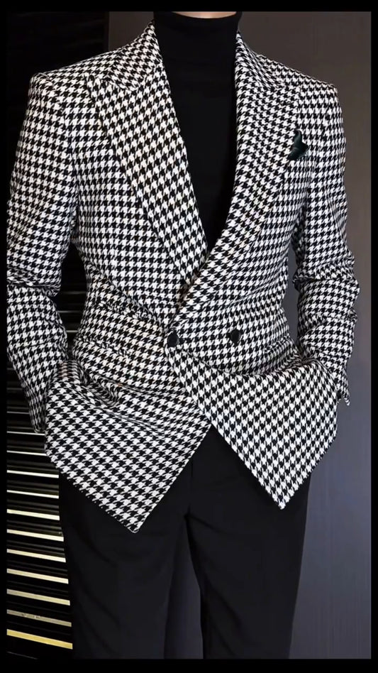 Men's Slim Fit Houndstooth Double-Breasted Blazer – Black & White