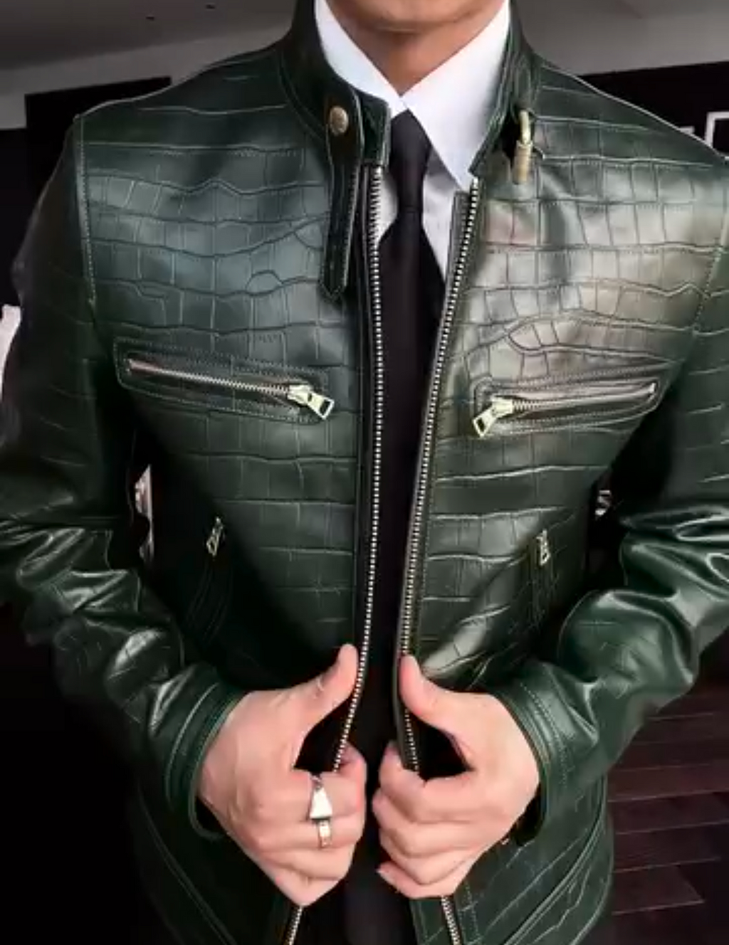 Stand collar leather motorcycle jacket