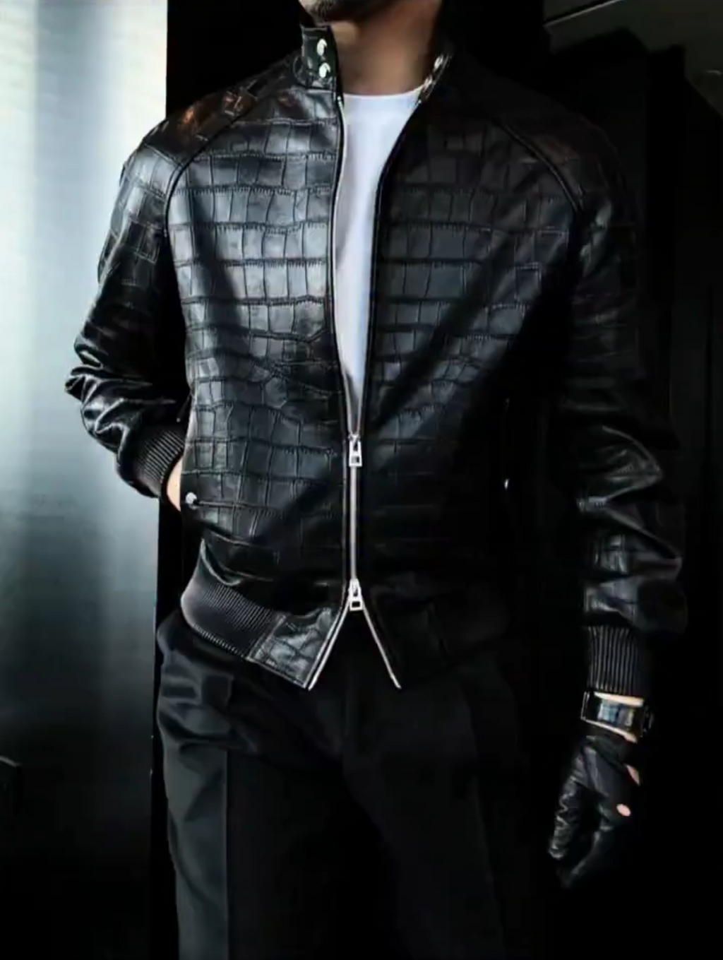 Stand collar leather jacket