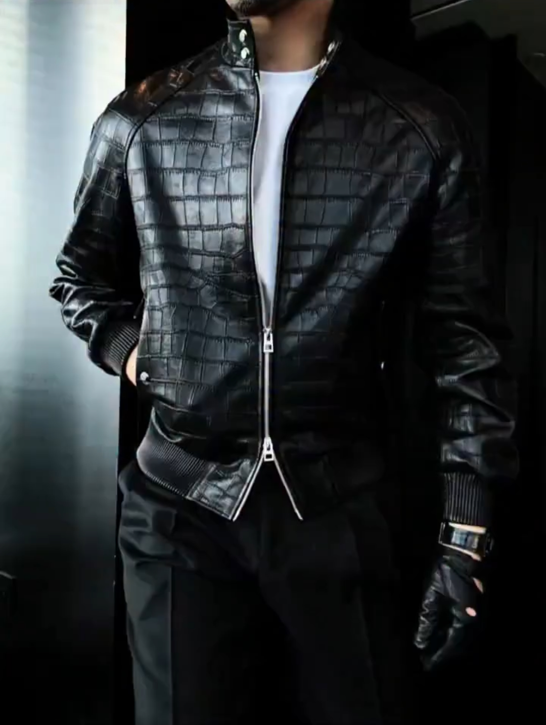 Stand collar leather jacket