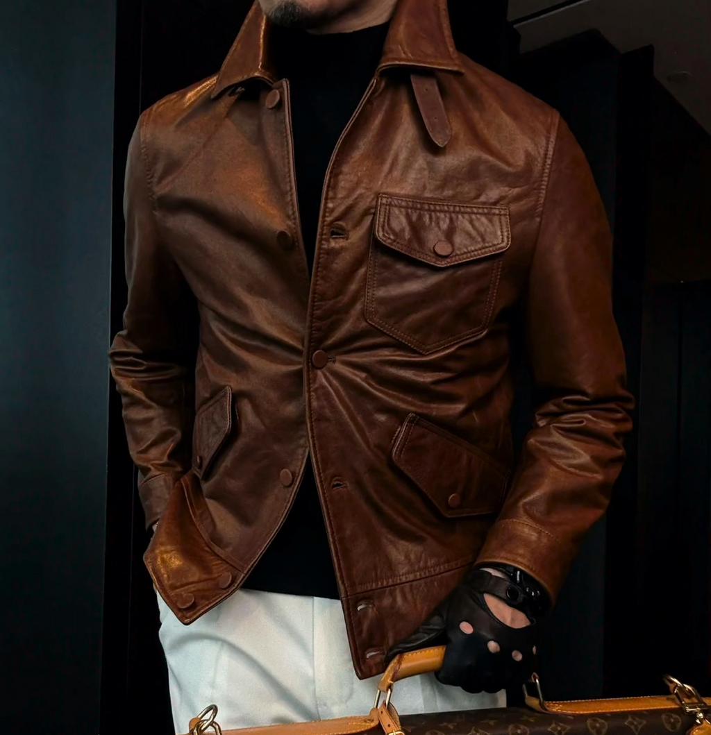 Lapel vintage leather jacket