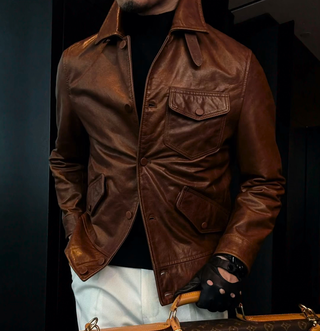 Lapel vintage leather jacket