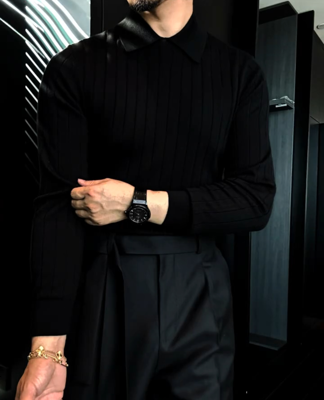 Lapel solid color stretch sweater