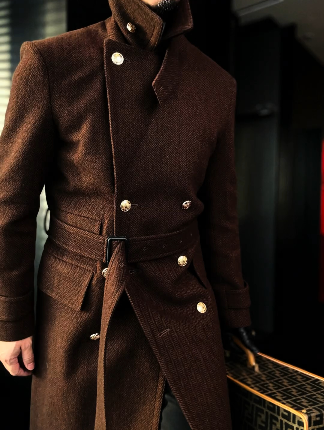 Double-breasted gold-button long autumn and winter coat