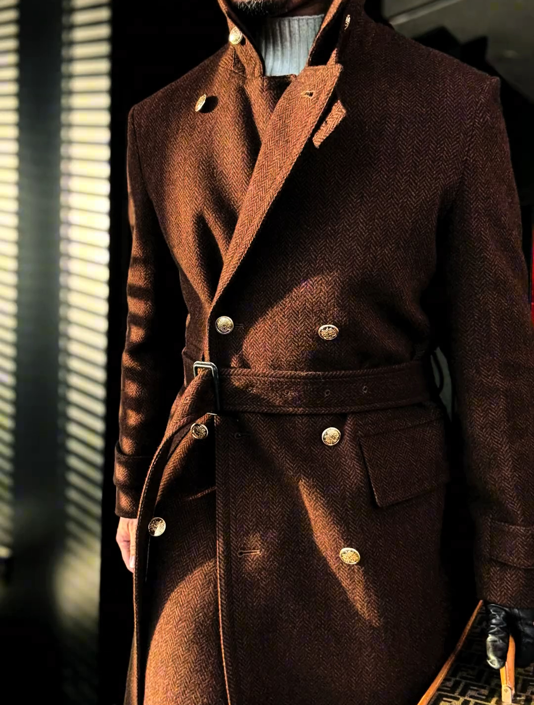 Double-breasted gold-button long autumn and winter coat