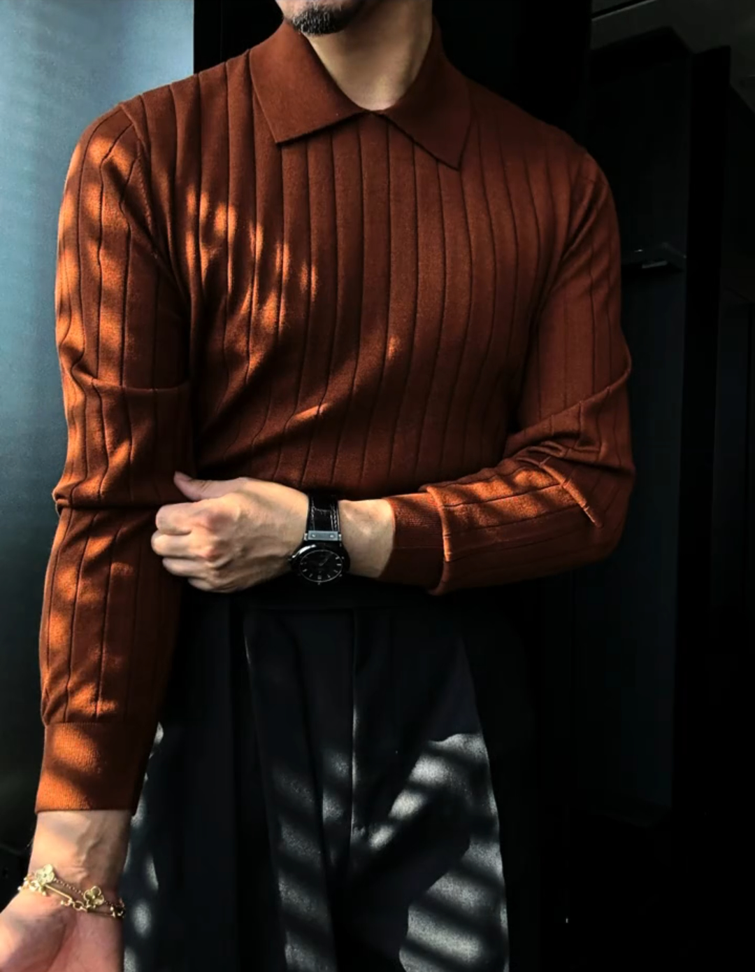 Lapel solid color stretch sweater