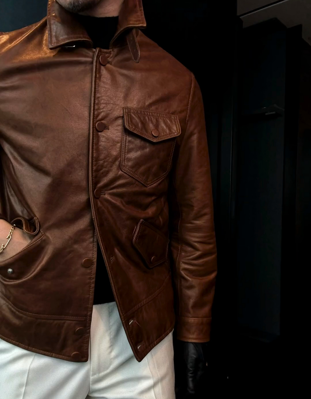 Lapel vintage leather jacket