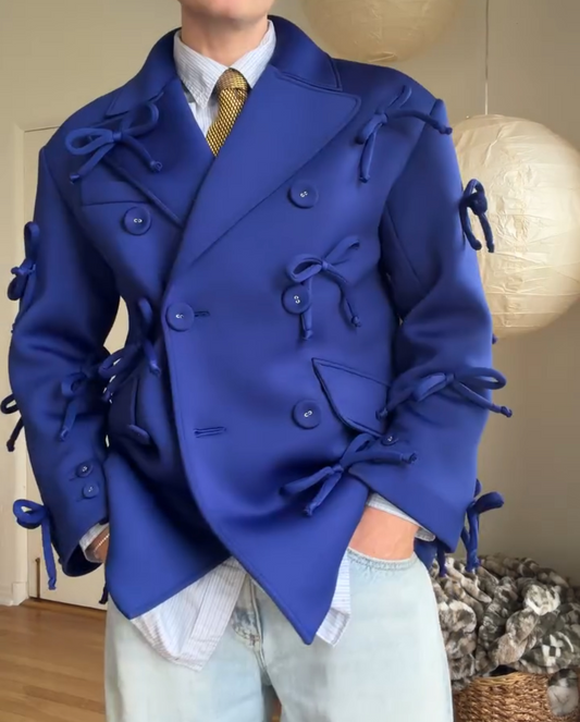 Bold Blue Satin Tie-Detailed Blazer