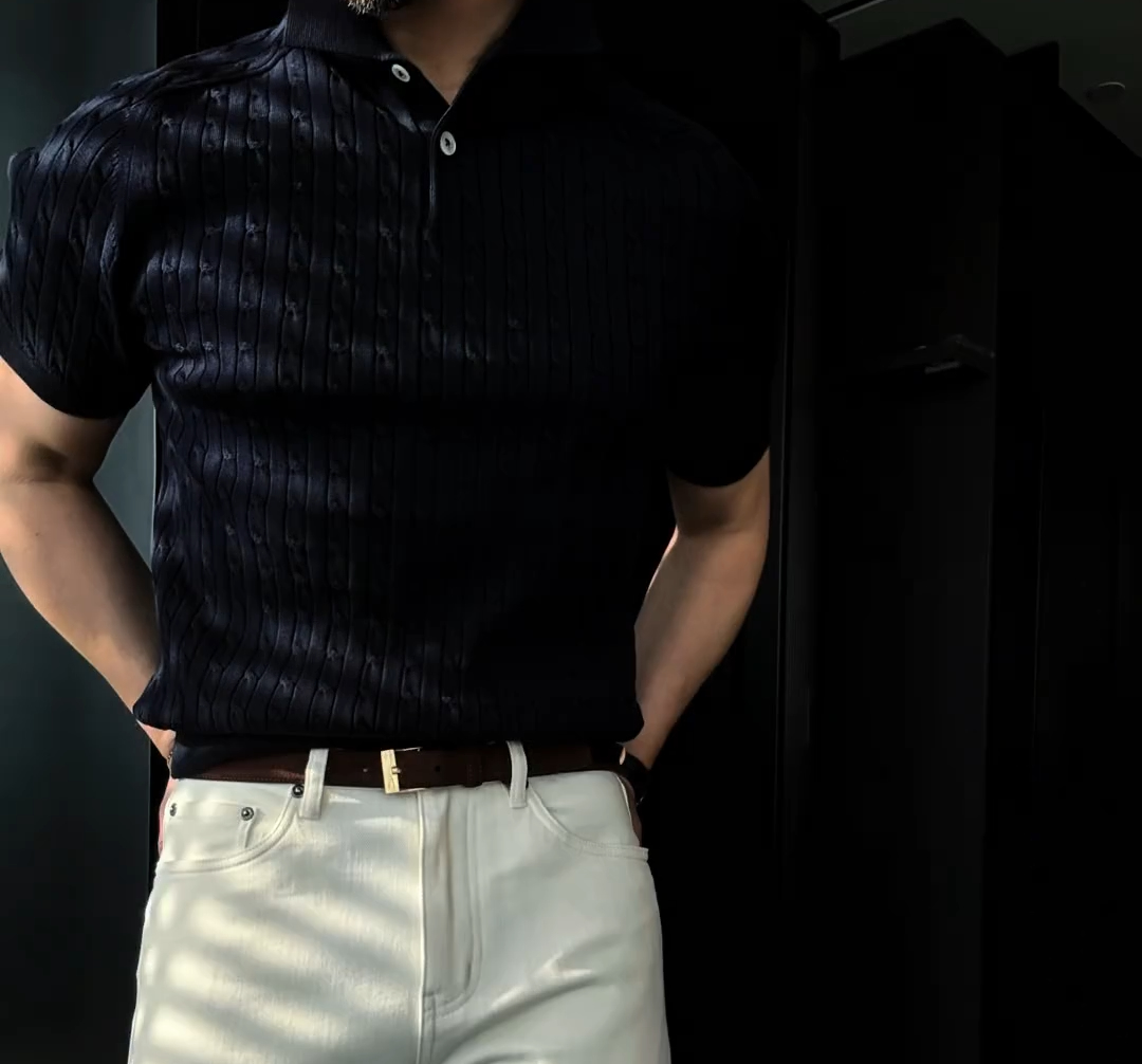 Collared saddle shoulder cable knit short sleeve