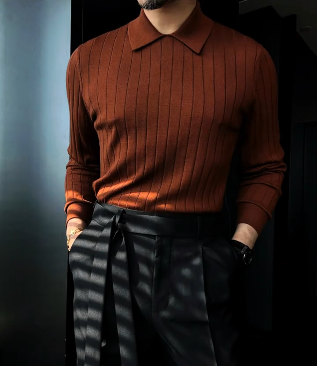 Lapel solid color stretch sweater