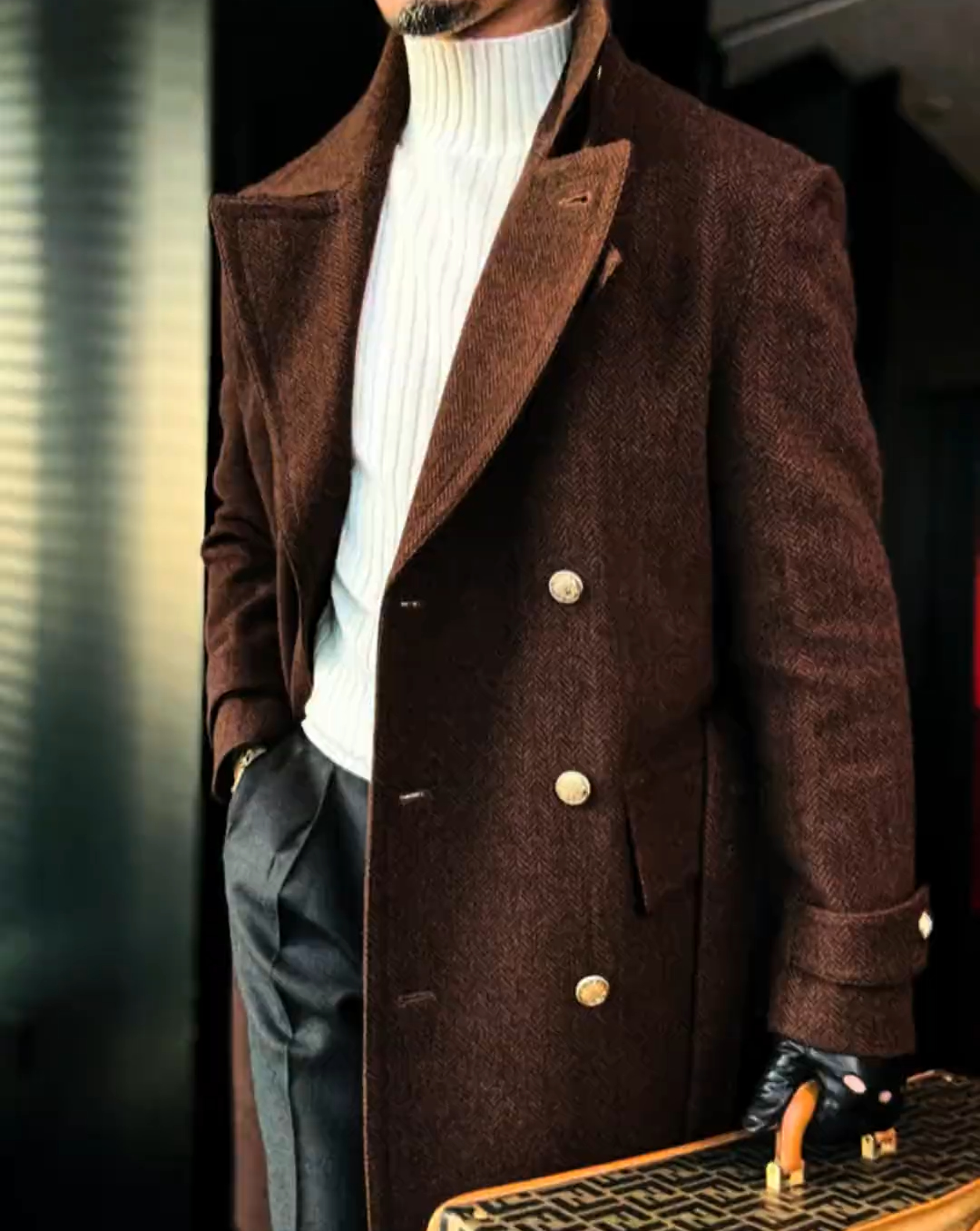 Double-breasted gold-button long autumn and winter coat