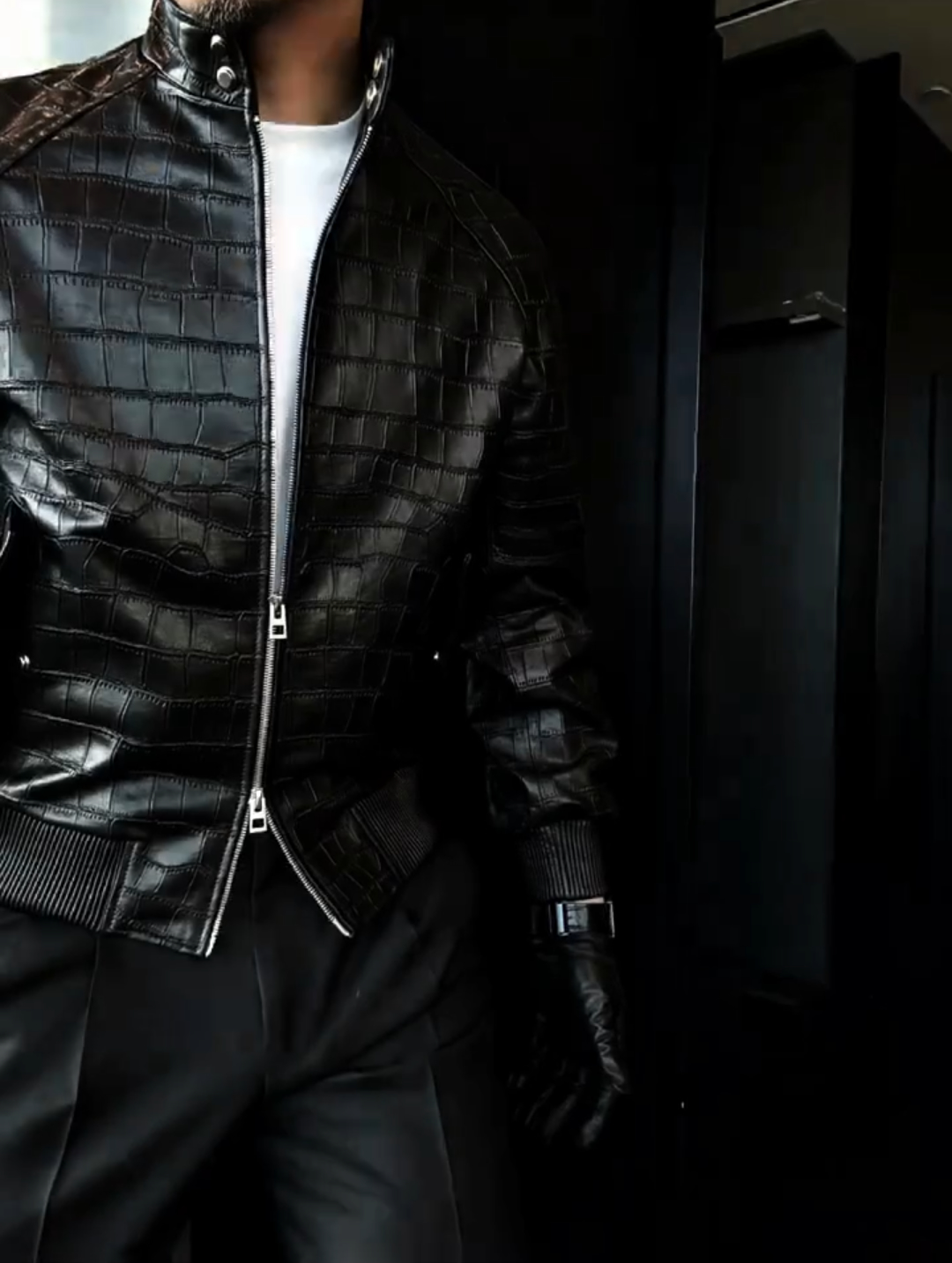 Stand collar leather jacket