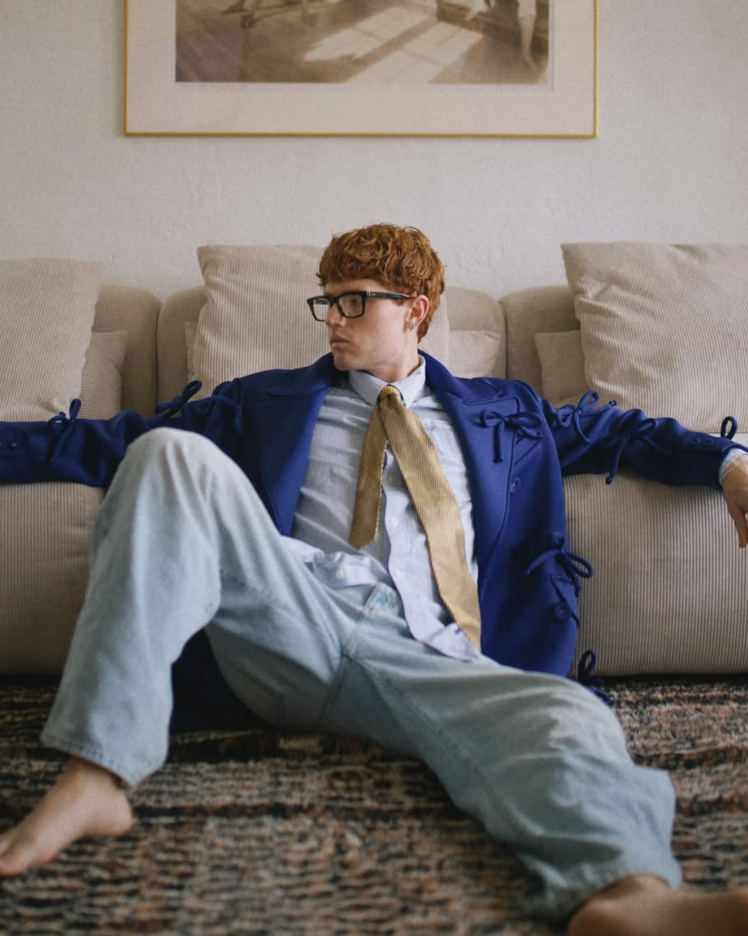 Bold Blue Satin Tie-Detailed Blazer