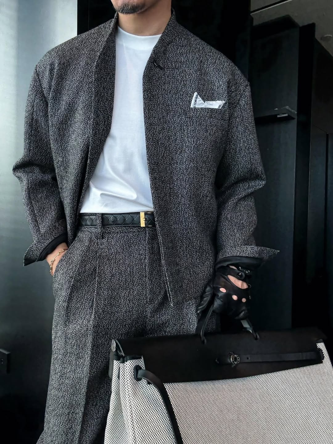 Stand collar casual jacket + trousers two-piece set