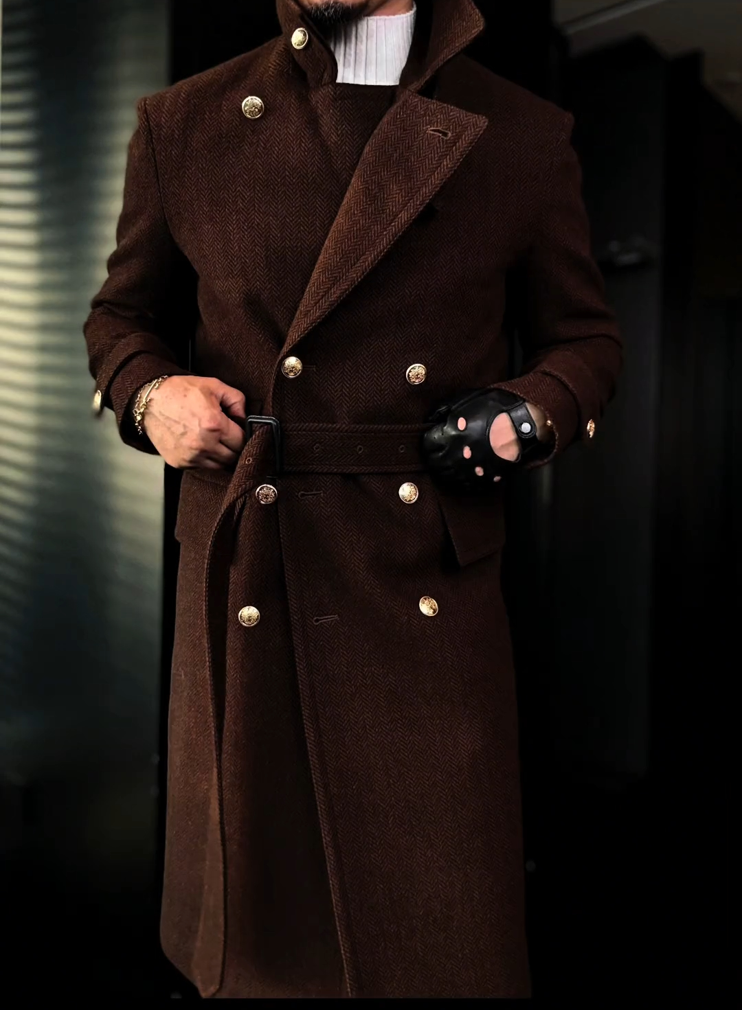 Double-breasted gold-button long autumn and winter coat