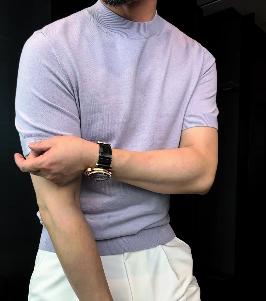 High-neck knit short-sleeved top