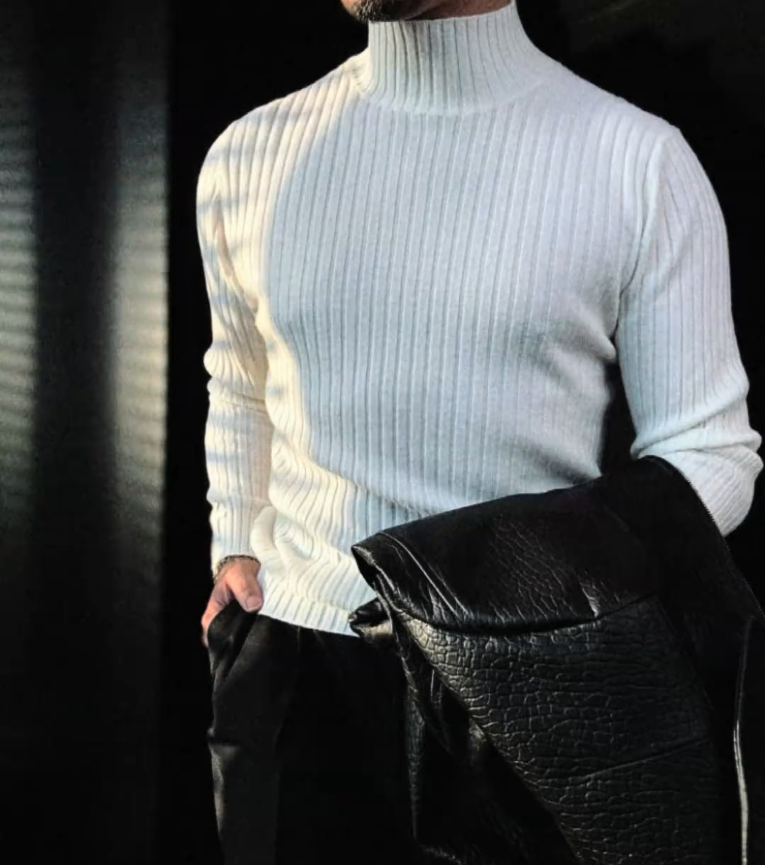 Half-high collar vertical striped sweater