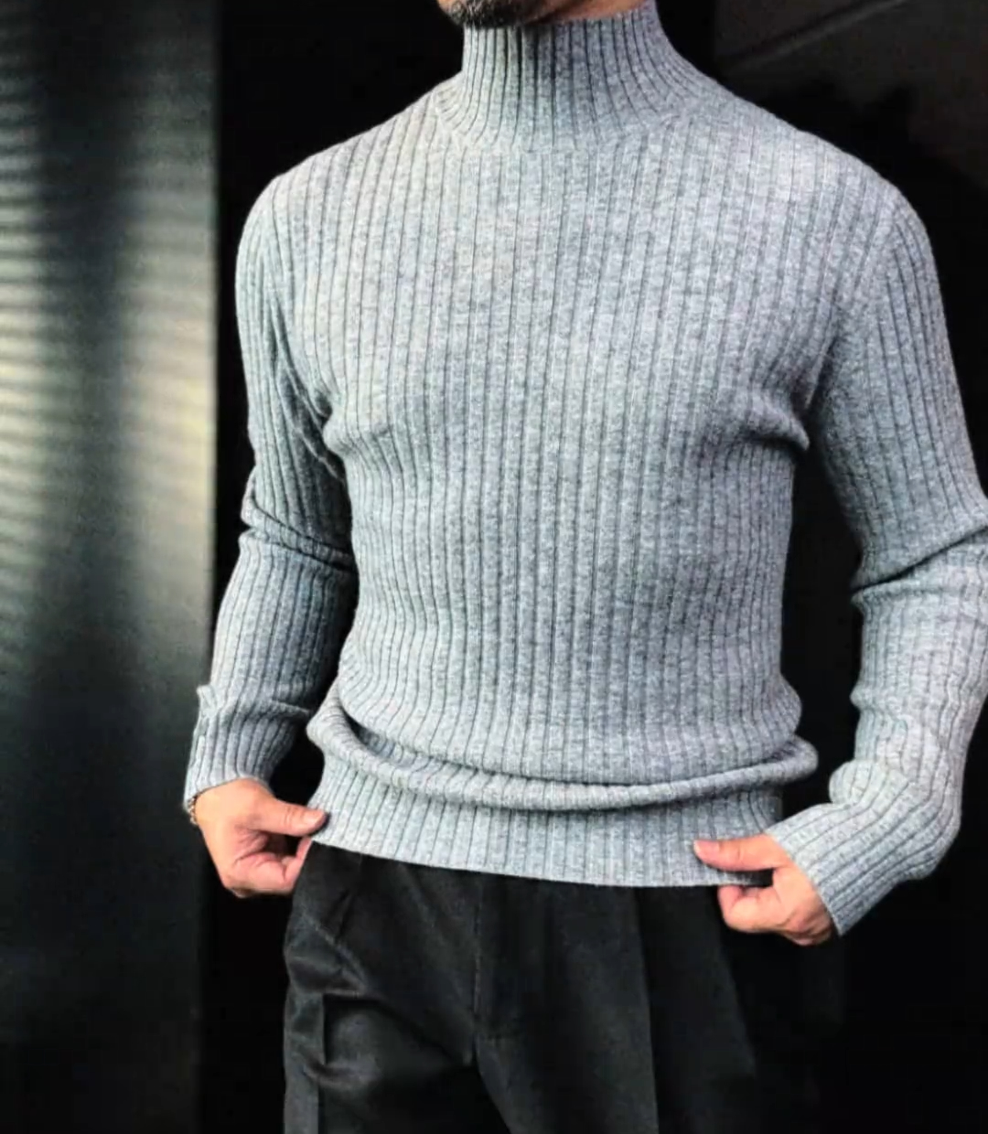 Half-high collar vertical striped sweater