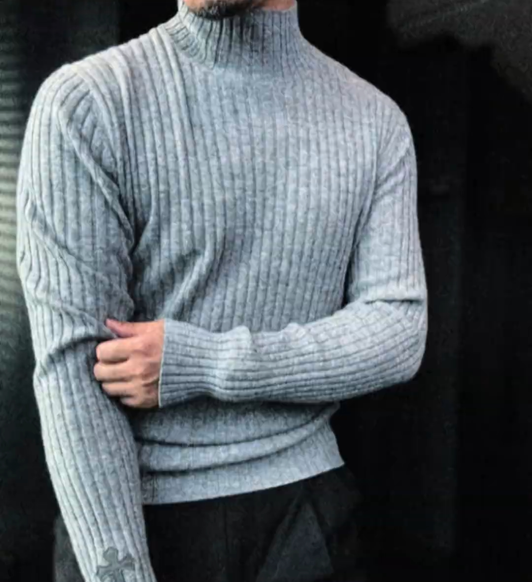 Half-high collar vertical striped sweater