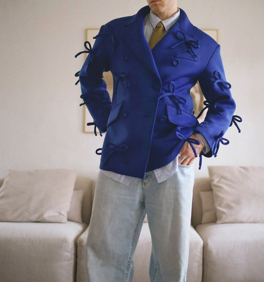 Bold Blue Satin Tie-Detailed Blazer