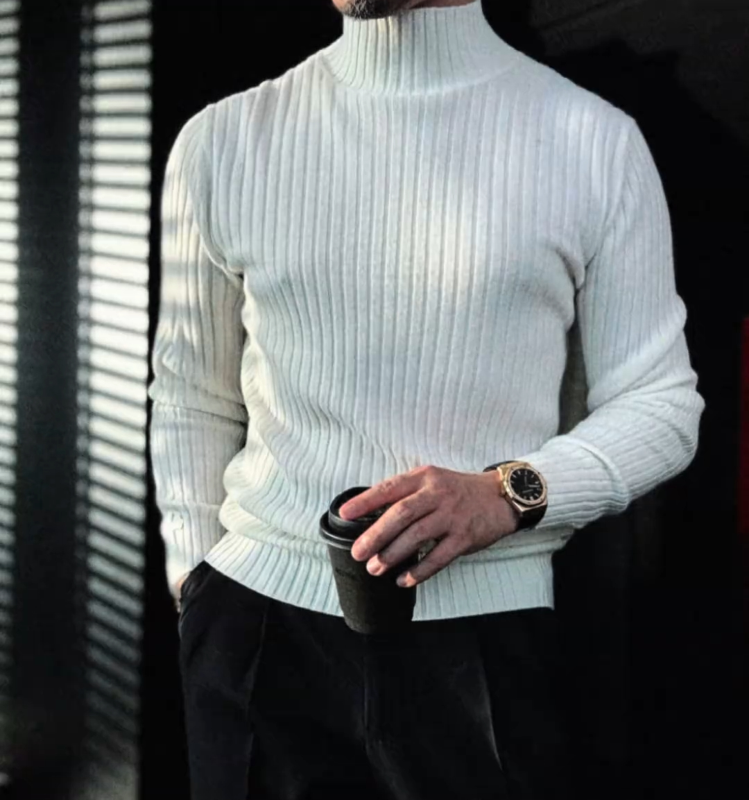 Half-high collar vertical striped sweater