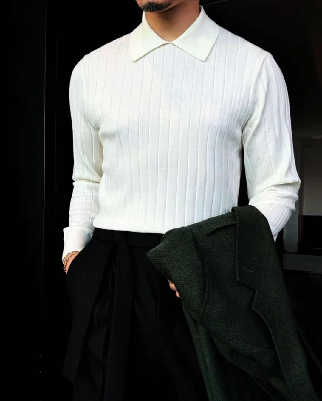 Lapel solid color stretch sweater