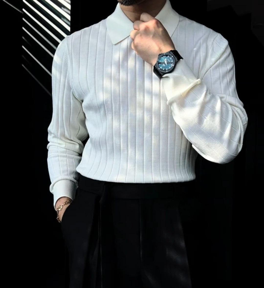 Lapel solid color stretch sweater