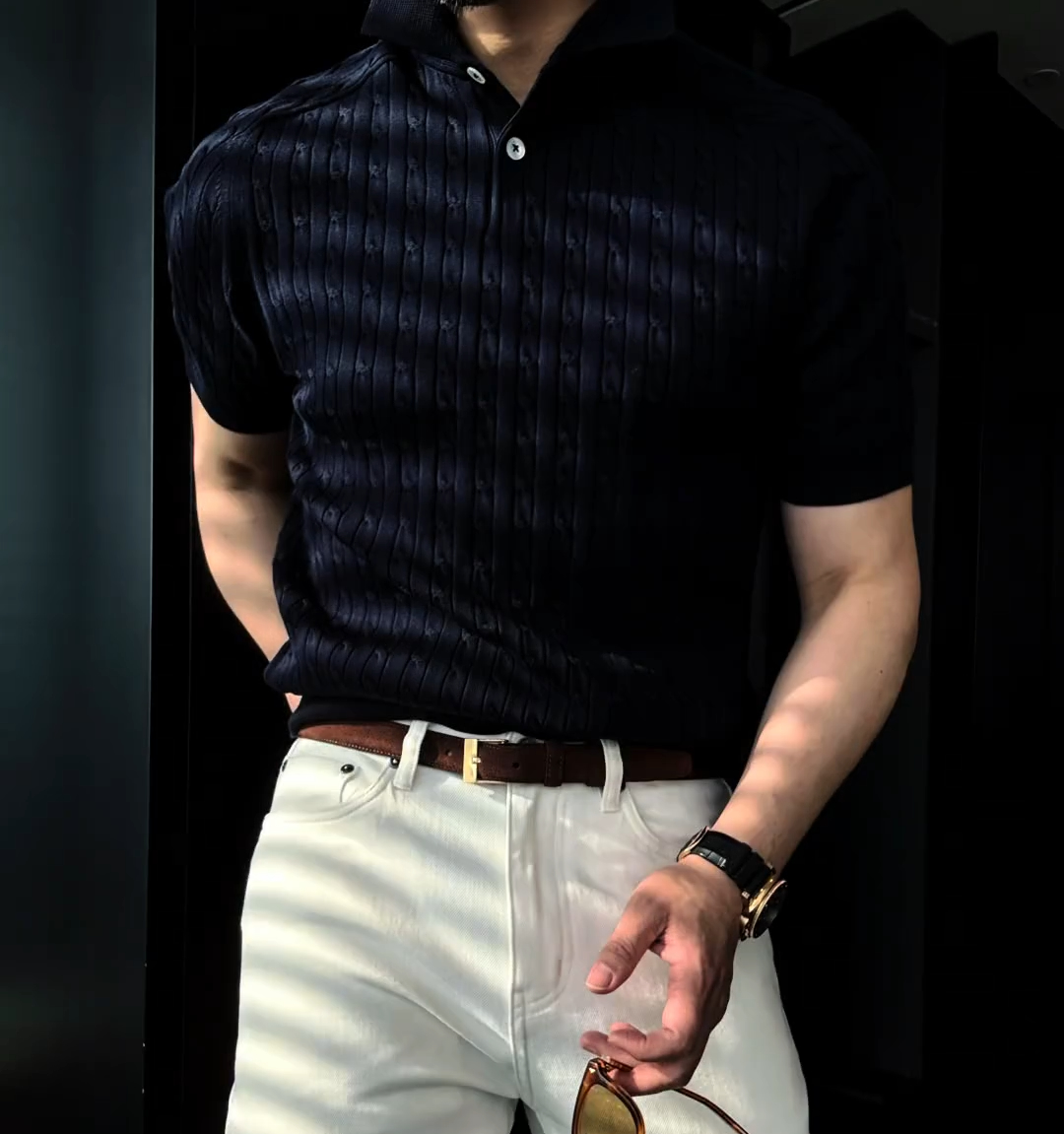 Collared saddle shoulder cable knit short sleeve